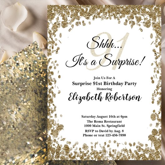 Elegant Gold Surprise 91st Birthday Invitation 招待状