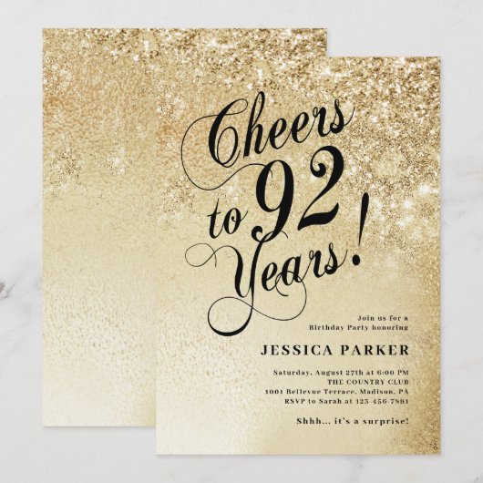 Elegant Gold Surprise 92nd Birthday 招待状 (正面/裏面)
