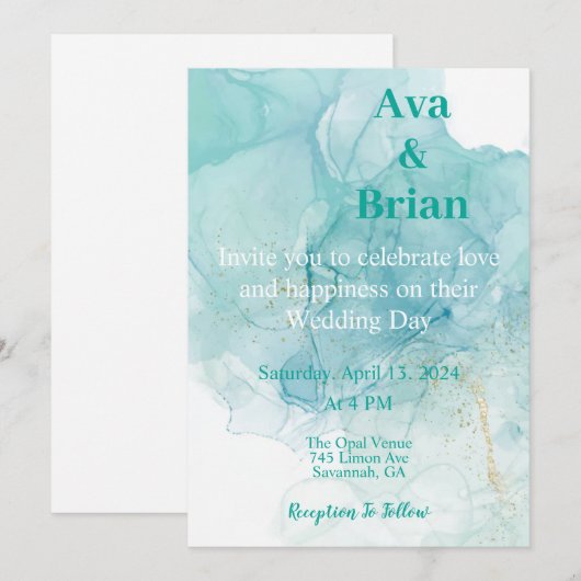 Elegant Gold Teal Watercolor Wedding 招待状 (正面/裏面)