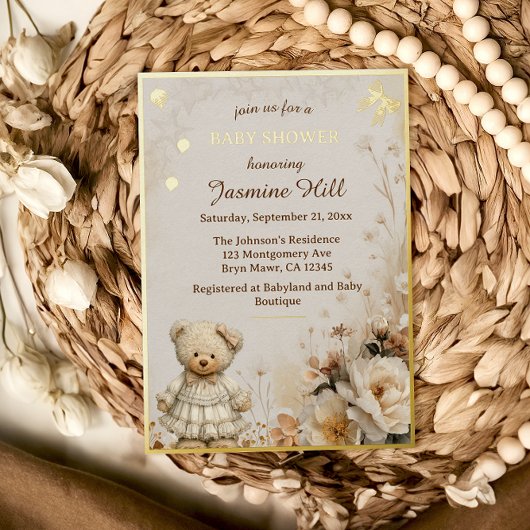 Elegant Gold Teddy Bear Baby Shower 箔招待状