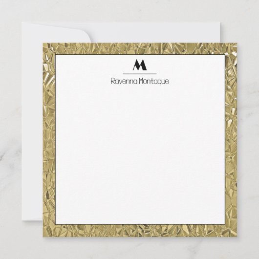 Elegant Gold Texture Black Border Monogram Name ノートカード (正面)