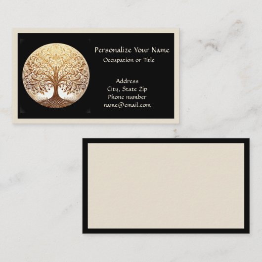 Elegant Gold Tree of Life Yoga Zen on Black 名刺 (正面/裏面)