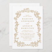 Elegant Gold Victorian Floral All in One Wedding 招待状 (正面/裏面)