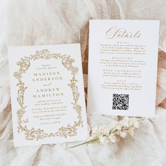 Elegant Gold Victorian Floral All in One Wedding 招待状