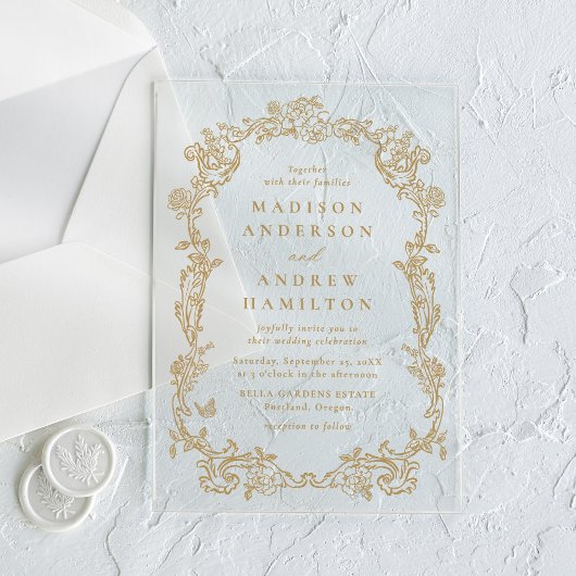 Elegant Gold Victorian Floral Frame Wedding アクリル招待状