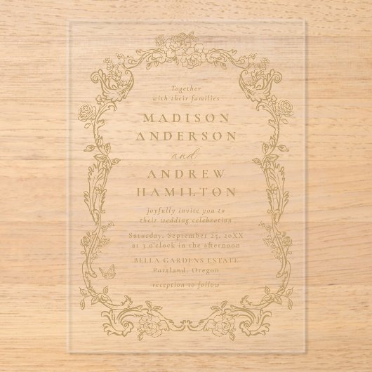 Elegant Gold Victorian Floral Frame Wedding アクリル招待状 (正面)