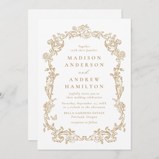 Elegant Gold Victorian Floral Frame Wedding 招待状 (正面/裏面)