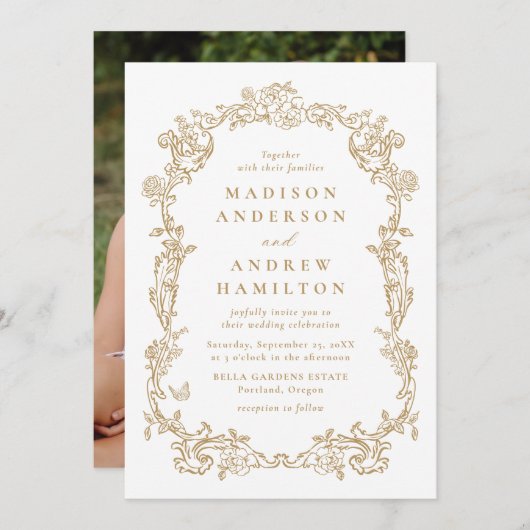 Elegant Gold Victorian Floral Photo Wedding 招待状 (正面/裏面)