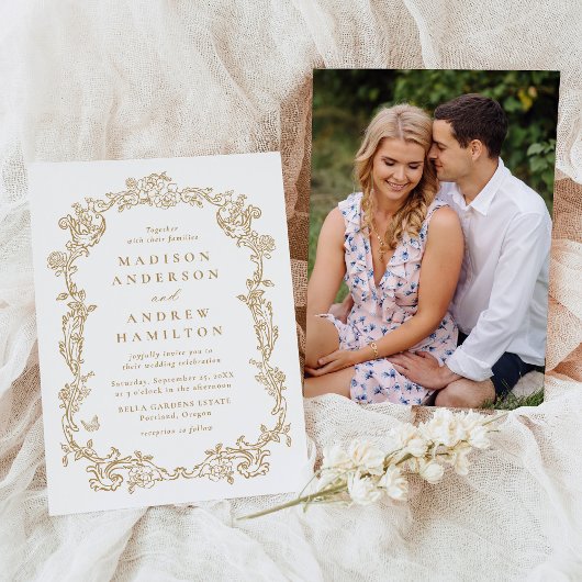 Elegant Gold Victorian Floral Photo Wedding 招待状