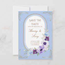 Elegant Gold Vine Garden Blue Floral Save the Date セーブザデート