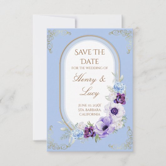 Elegant Gold Vine Garden Blue Floral Save the Date セーブザデート (正面)