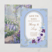 Elegant Gold Vine Garden Blue Floral Save the Date セーブザデート (正面/裏面)