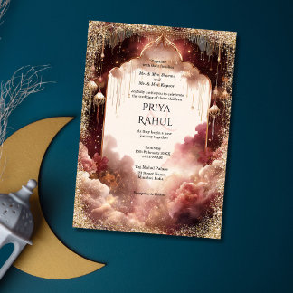 Elegant Gold Vintage Maroon Indian Wedding 招待状