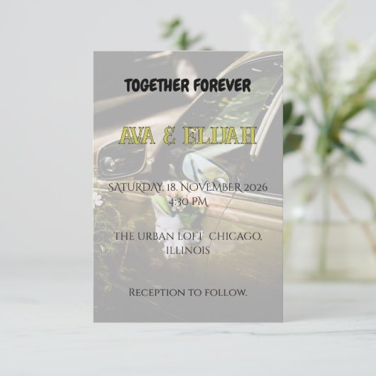 Elegant Gold Wedding Car Handle Peach Rose  招待状 (スタンド正面)