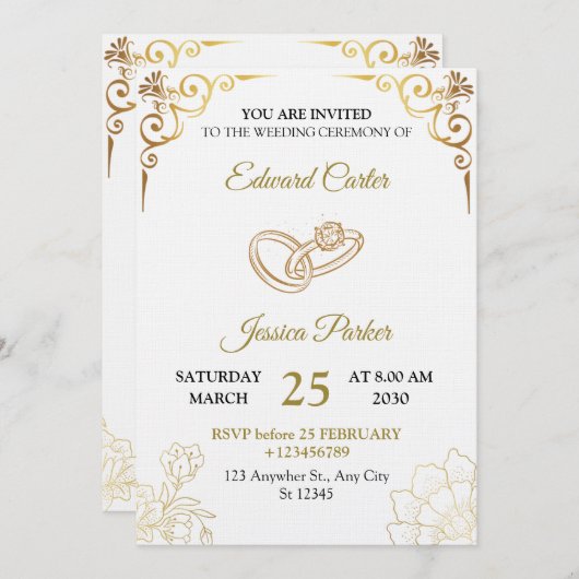 Elegant Gold Wedding Invitation Template Card 招待状 (正面/裏面)
