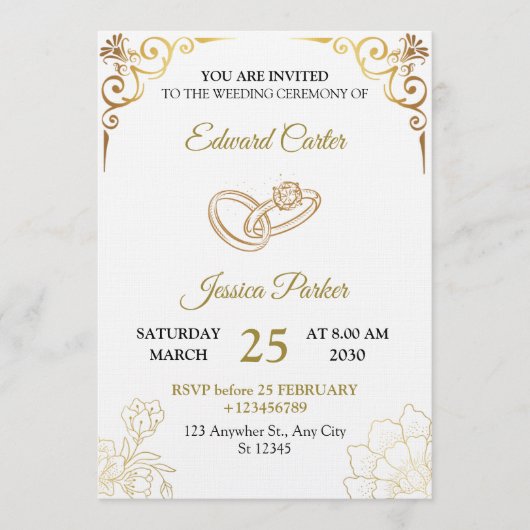 Elegant Gold Wedding Invitation Template Card 招待状 (正面)