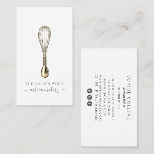 Elegant Gold Whisk Baker Bakery Chef Caterer 名刺 (正面/裏面)