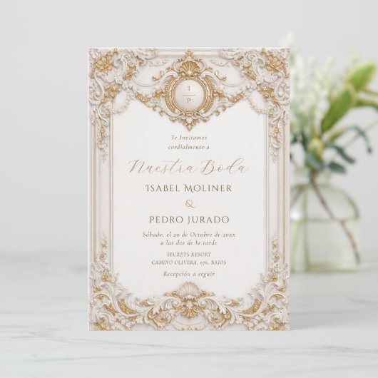 Elegant Gold & White Baroque Nuestra Boda Wedding 招待状 (スタンド正面)
