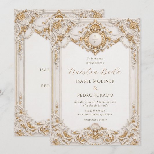 Elegant Gold & White Baroque Nuestra Boda Wedding 招待状 (正面/裏面)