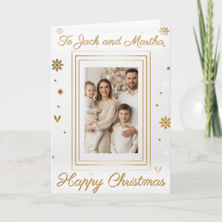 Elegant Gold & White Family Photo Christmas Card カード