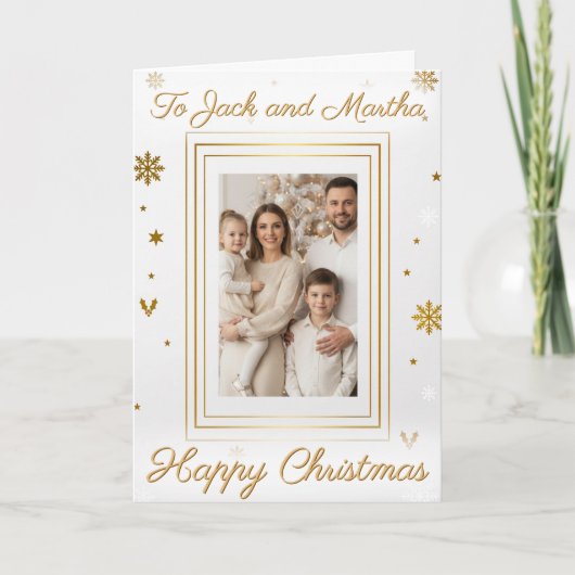Elegant Gold & White Family Photo Christmas Card カード (正面)