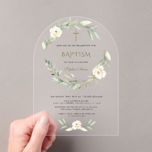 Elegant Gold White Flowers Cross Baptism アクリル招待状 (インサイチュ (ポータブル))