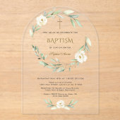 Elegant Gold White Flowers Cross Baptism アクリル招待状 (正面)