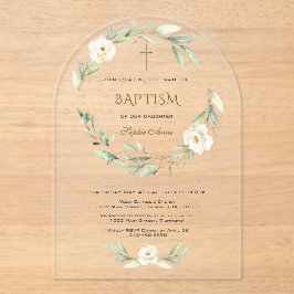 Elegant Gold White Flowers Cross Baptism アクリル招待状