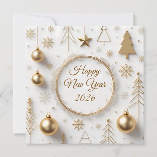 Elegant Gold & White Modern Happy New Year 2026 シーズンカード (正面)