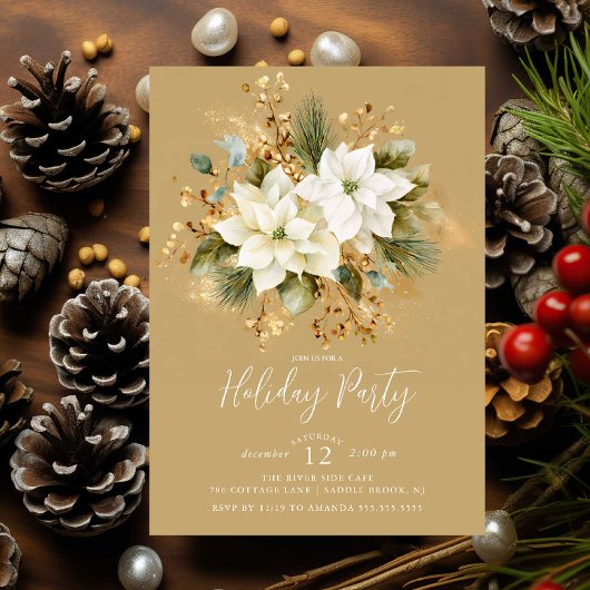 Elegant Gold White Poinsettia Holiday Party Invite 招待状