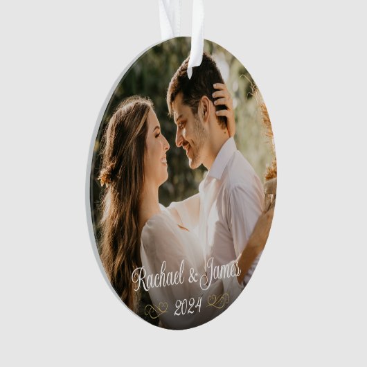 Elegant Gold White Script Wedding Monogram Photo オーナメント (正面)