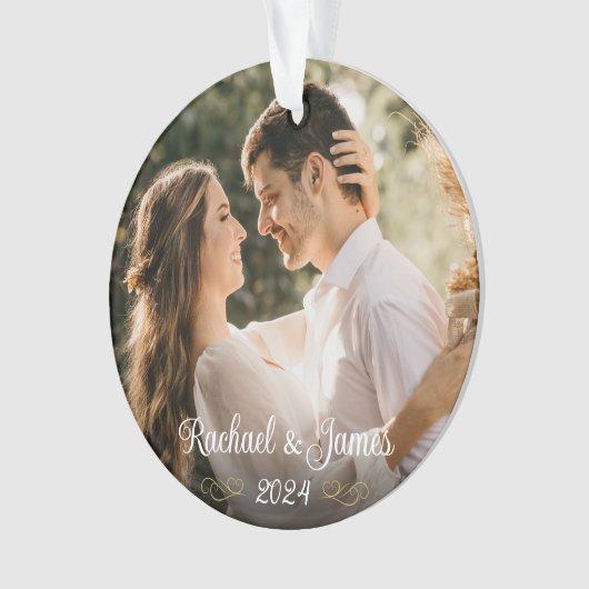 Elegant Gold White Script Wedding Monogram Photo オーナメント (正面)