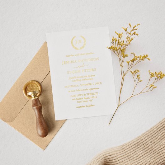 Elegant Gold Wreath Monogram Wedding 箔招待状