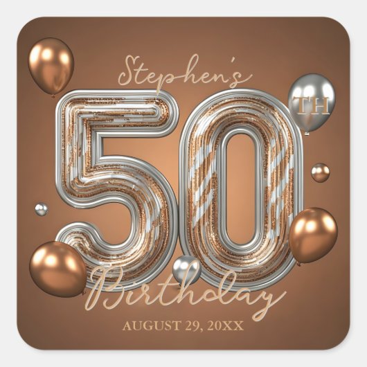 Elegant Golden Bronze Silver 50th Birthday スクエアシール (正面)