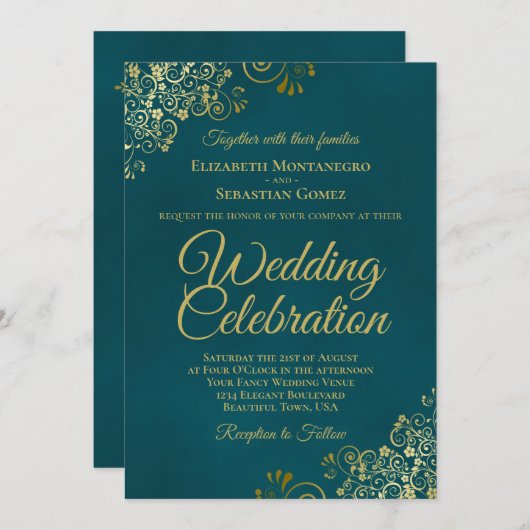 Elegant Golden Curls on Teal QR Code Wedding 招待状 (正面/裏面)