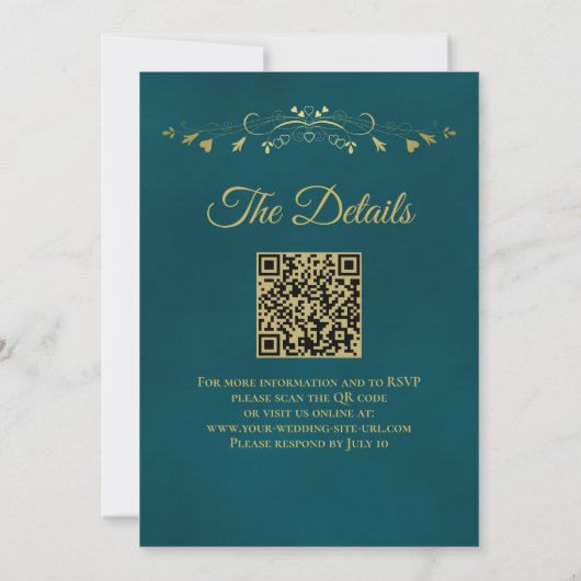 Elegant Golden Curls on Teal QR Code Wedding 招待状 (裏面)
