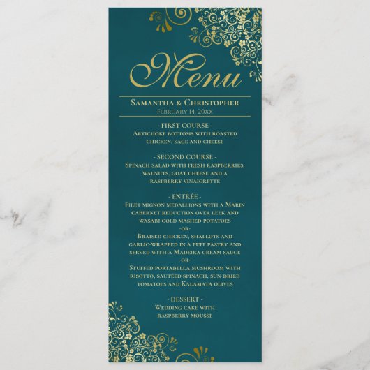 Elegant Golden Curls & Swirls on Teal Wedding メニュー (正面)