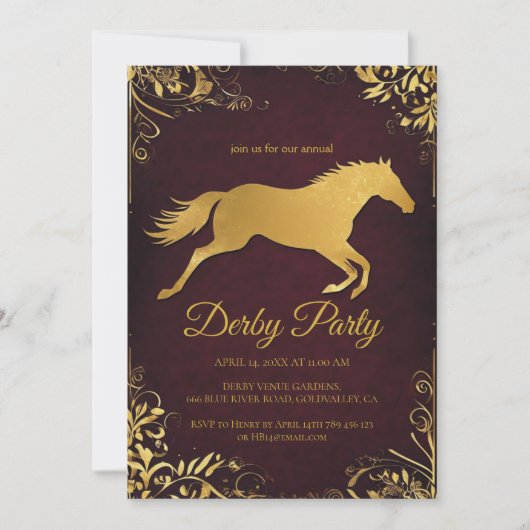 Elegant Golden Derby Party Invitation with Horse D 招待状 (正面)