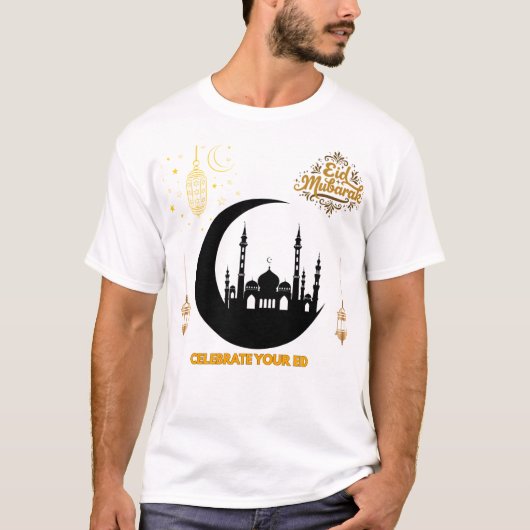 Elegant Golden Eid Mubarak Mosque Moon Celebration Tシャツ (正面)