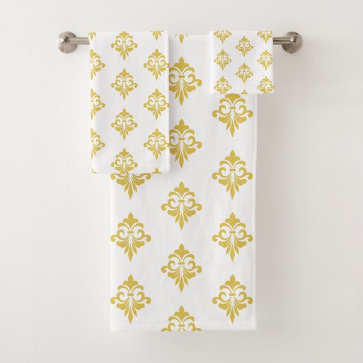 Elegant Golden Fleur de Lis Pattern on White バスタオルセット (インサイチュ)
