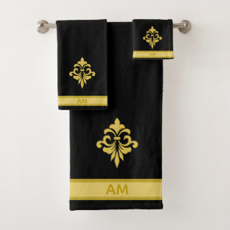 Elegant Golden Flower, Monogram & Stripe on Black バスタオルセット