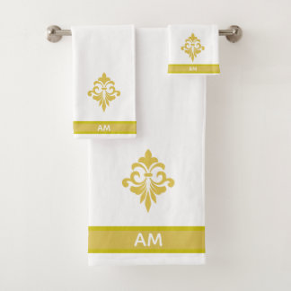 Elegant Golden Flower, Monogram & Stripe on White バスタオルセット