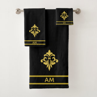 Elegant Golden Flower, Monogram & Stripes on Black バスタオルセット