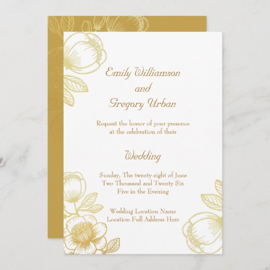 Elegant Golden Flowers Wedding 招待状 (正面/裏面)