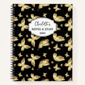 Elegant Golden Gold Butterfly Script Name Monogram ノートブック (正面)