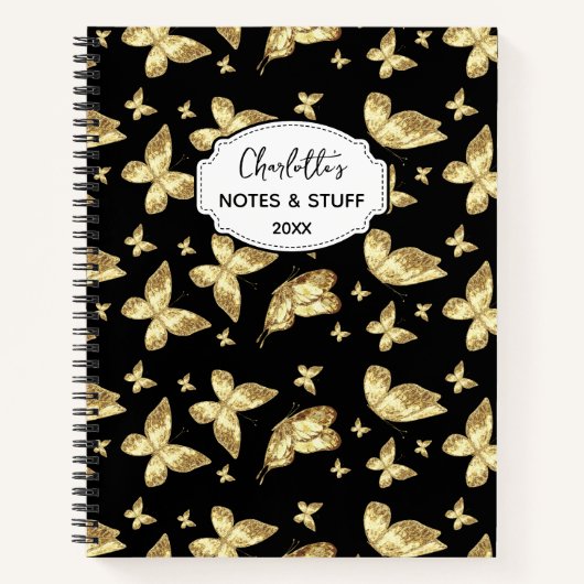 Elegant Golden Gold Butterfly Script Name Monogram ノートブック (正面)