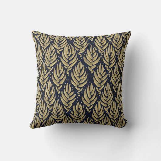 Elegant Golden Leaf Navy Pattern Throw Pillow クッション (裏面)