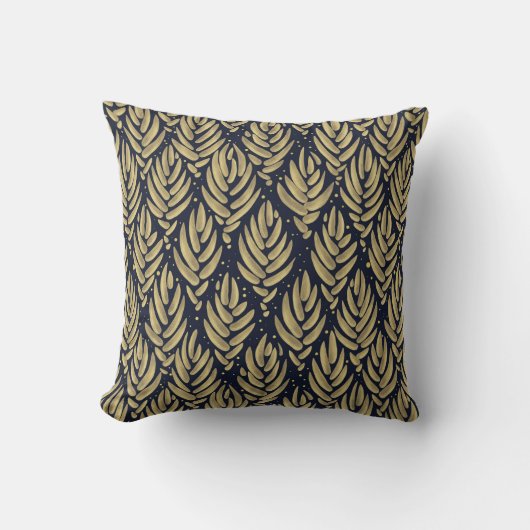 Elegant Golden Leaf Navy Pattern Throw Pillow クッション (正面)