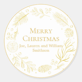Elegant Golden Leaves & Berries Merry Christmas ラウンドシール