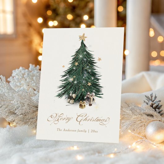 Elegant Golden Script Christmas tree Holiday Card シーズンカード